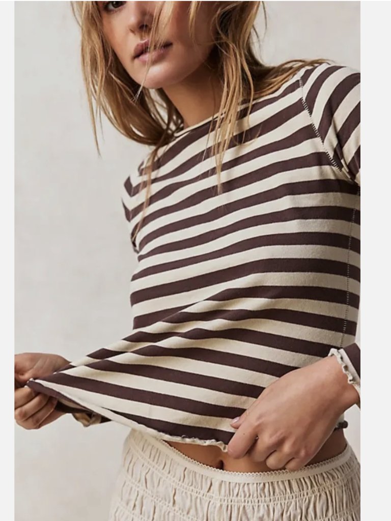 Free People French Roast Stripe Long Sleeve Lettuce Hem Be My Baby Cotton Tee